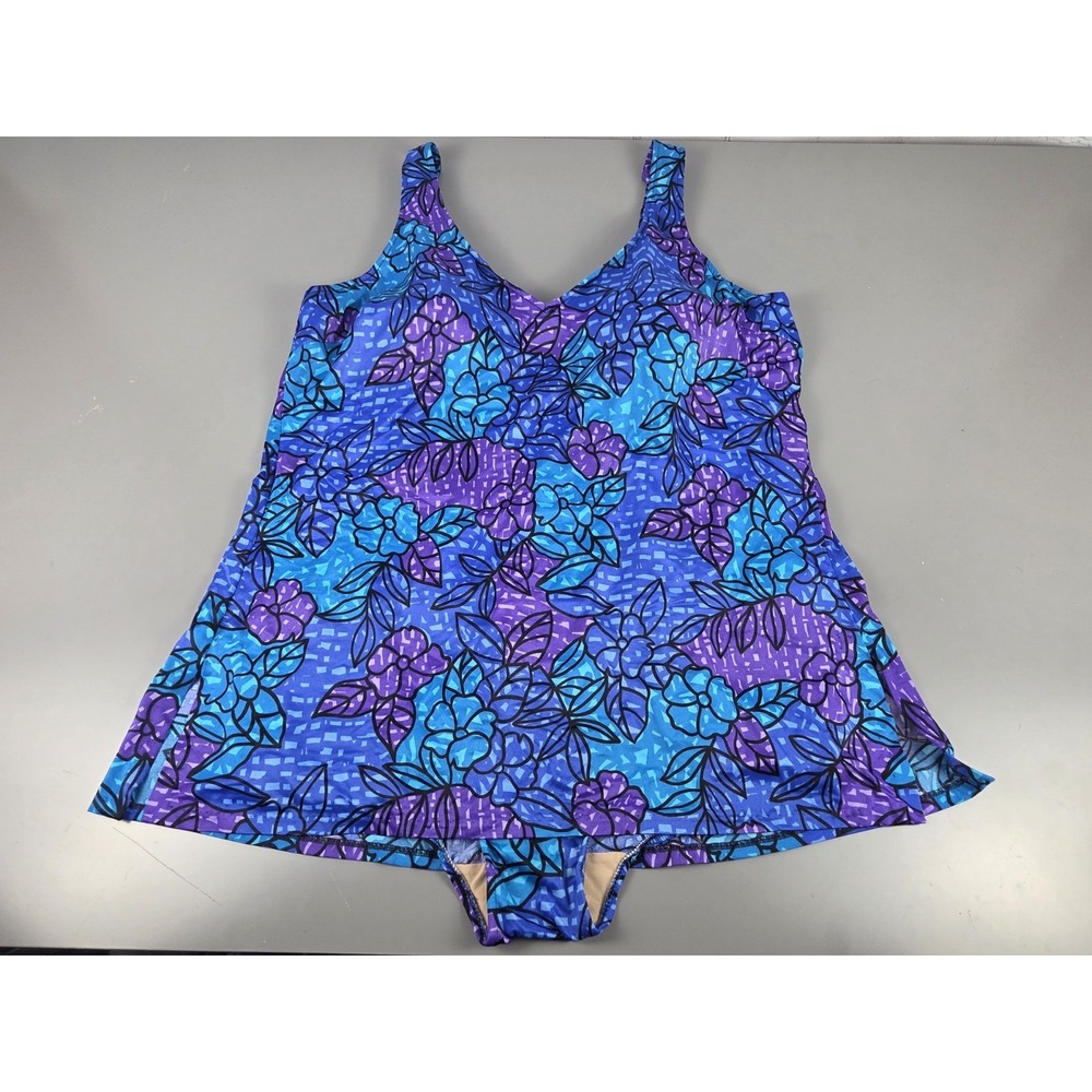 Vintage Maxine Of Hollywood One Piece Swimsuit‎ PLUS 26W Purple Blue Aqua Adjust
